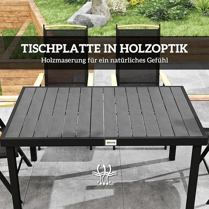 Outsunny Gartentisch-Set - Gesamtumfang: 7 -tlg., Aluminium, Kunststoff, Texteline, Klappbar - Esstisch für den Außenbereich mit grauer Tischplatte in Holzoptik und schwarzem Metallgestell.