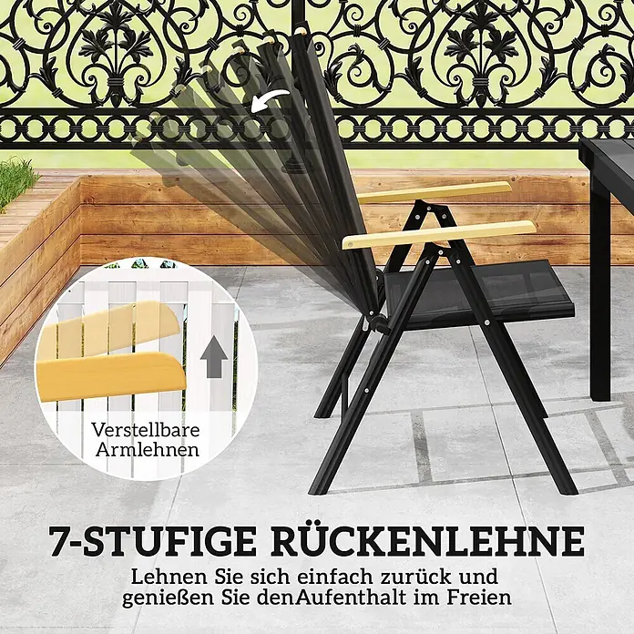 Outsunny Gartentisch-Set - Gesamtumfang: 7 -tlg., Aluminium, Kunststoff, Texteline, Klappbar - Schwarzer Klappstuhl mit hellen Holzarmlehnen, der seine 7-stufig verstellbare Rückenlehne und verstellbare Armlehnen zeigt.