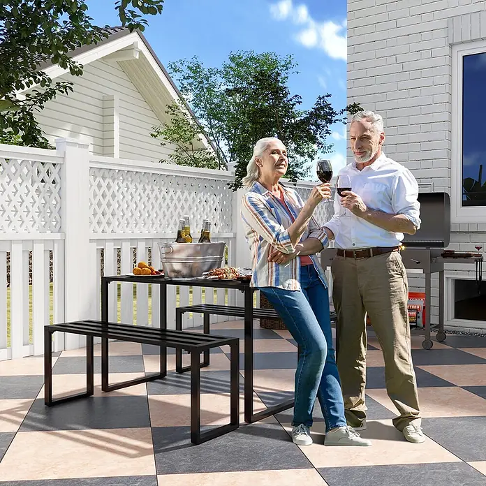 Outsunny Gartentisch-Set - Gesamtumfang: 3 -tlg., Metall - Schwarzer Metall-Esstisch für draußen mit integrierten Bänken.