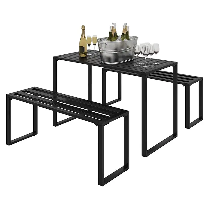 Outsunny Gartentisch-Set - Gesamtumfang: 3 -tlg., Metall - Schwarzes Outdoor-Esstisch-Set aus Metall mit Lattenrost, einem rechteckigen Tisch und zwei passenden Bänken.