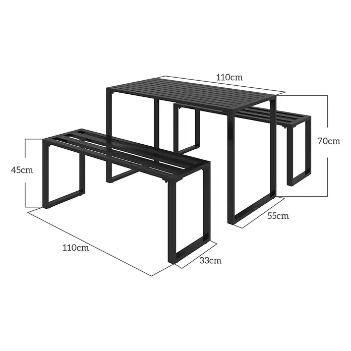 Outsunny Gartentisch-Set - Gesamtumfang: 3 -tlg., Metall - Schwarzes Metall-Essgruppe mit Lattenrost: ein Tisch (110x55x70cm) und zwei Bänke (110x33x45cm) mit Maßen.