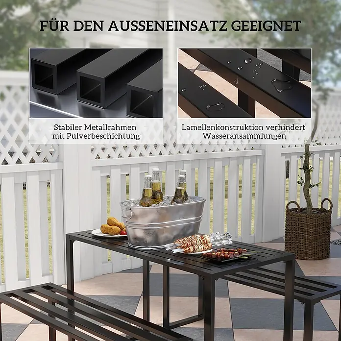 Outsunny Gartentisch-Set - Gesamtumfang: 3 -tlg., Metall - Schwarze, pulverbeschichtete Metall-Gartensitzgruppe mit Lamellen-Tisch und Bänken, verhindert Wasseransammlungen.