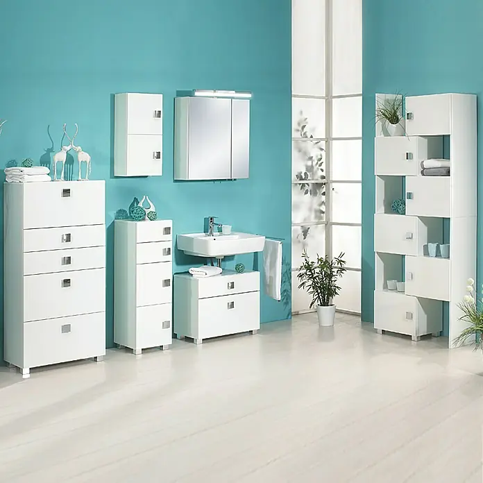 Schildmeyer Carree Unterschrank - 33 x 34,5 x 101 cm, Weiß - Das moderne Badezimmer verfügt über weiße Badmöbel, darunter ein Waschbeckenunterschrank und ein geräumiger Schubladenschrank.
