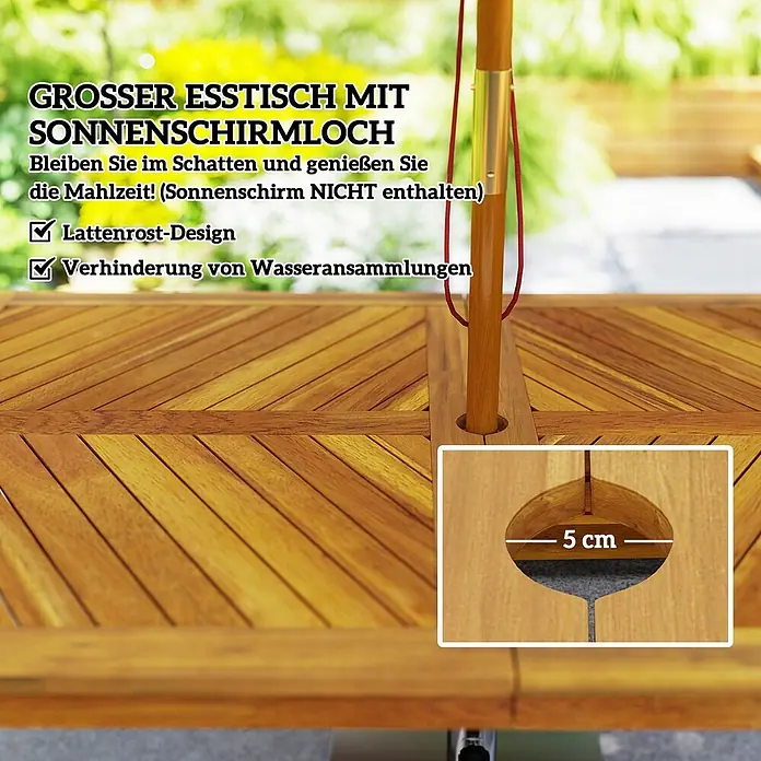 Outsunny Gartentisch-Set - Gesamtumfang: 3 -tlg., L x B x H: 150 x 85 x 75 cm, Akazienholz, Polyester, Schaumstoff - Großer Holzesstisch mit Sonnenschirmloch, 5 cm Durchmesser, und Lattenrost-Design.