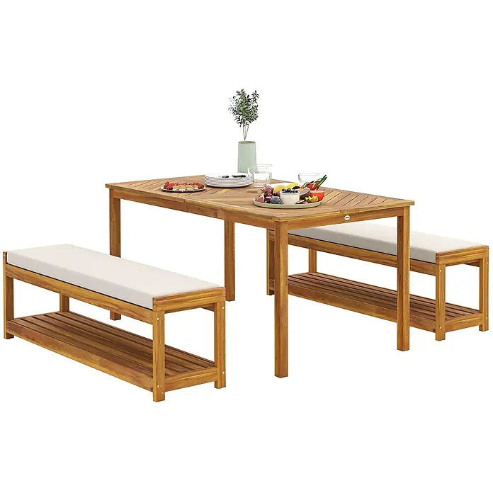 Outsunny Gartentisch-Set - Gesamtumfang: 3 -tlg., L x B x H: 150 x 85 x 75 cm, Akazienholz, Polyester, Schaumstoff - Garten-Essgruppe aus Akazienholz: rechteckiger Tisch und zwei Bänke mit cremefarbenen Kissen und Lattenablagen.