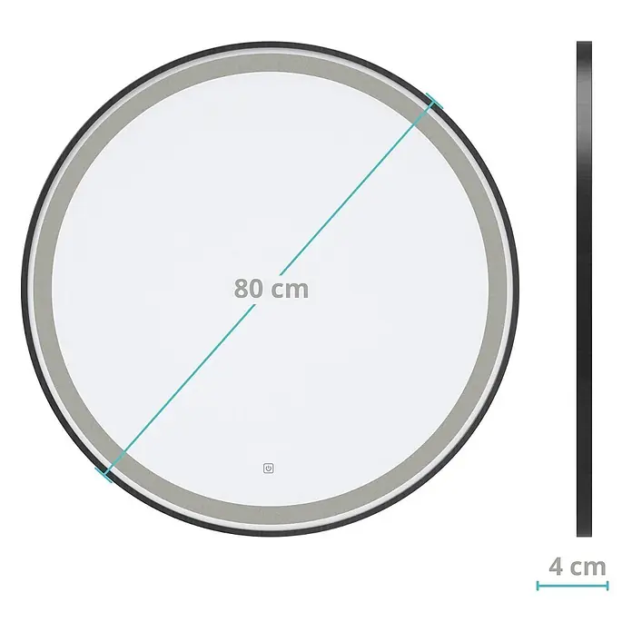 LOMAZOO Lichtspiegel LMZ-FLORENCE - Durchmesser: 80 cm, Schwarz - Runder Spiegel mit schwarzem Rahmen, beleuchtetem Rand und Touch-Schalter. Durchmesser 80 cm, Tiefe 4 cm.