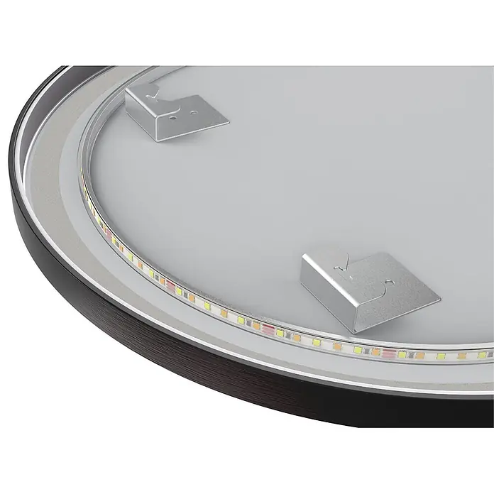 LOMAZOO Lichtspiegel LMZ-MILANO - Durchmesser: 60 cm, Schwarz - Innenansicht einer runden LED-Leuchte mit dunkelbraunem Rahmen, zeigt LED-Streifen und silberne Montagehalterungen.