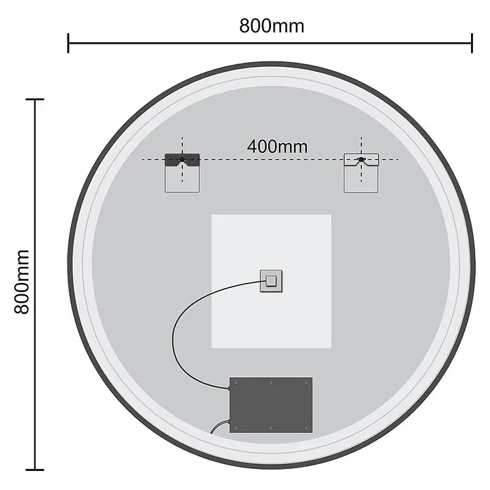 LOMAZOO Lichtspiegel LMZ-PARIS - Durchmesser: 80 cm, Gold - Rückansicht eines runden 800mm Spiegels mit Elektroanschlüssen und 400mm Montagepunkten.
