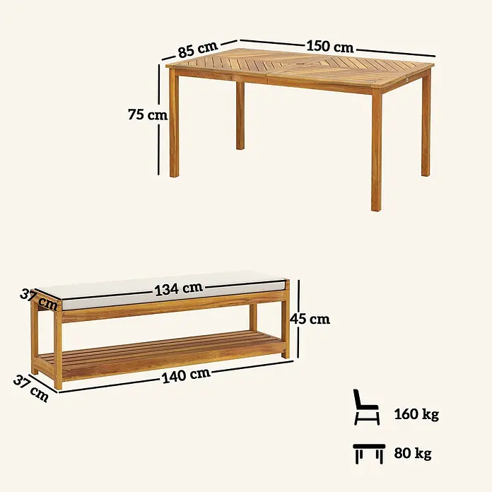 Outsunny Gartentisch-Set - Gesamtumfang: 3 -tlg., L x B x H: 150 x 85 x 75 cm, Akazienholz, Polyester, Schaumstoff - Gartenset aus Holz mit ausziehbarem Tisch (150x85x75 cm) und einer Bank (140x37x45 cm) mit weißem Kissen und Ablagefach.