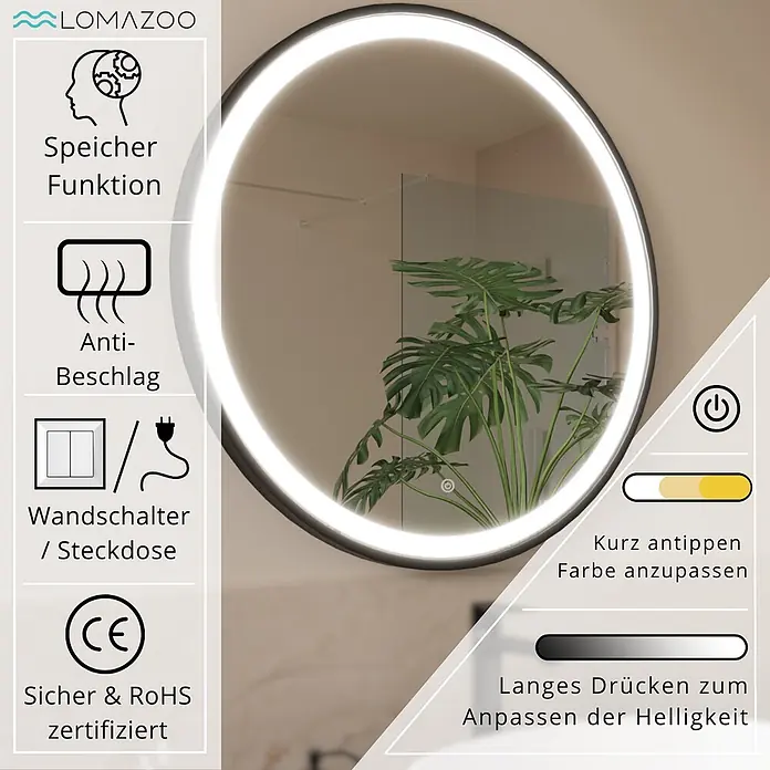 LOMAZOO Lichtspiegel LMZ-MILANO - Durchmesser: 60 cm, Schwarz - Runder LED-Spiegel mit schwarzem Rahmen, beleuchtetem Rand und Touch-Steuerung für Helligkeit und Lichtfarbe.