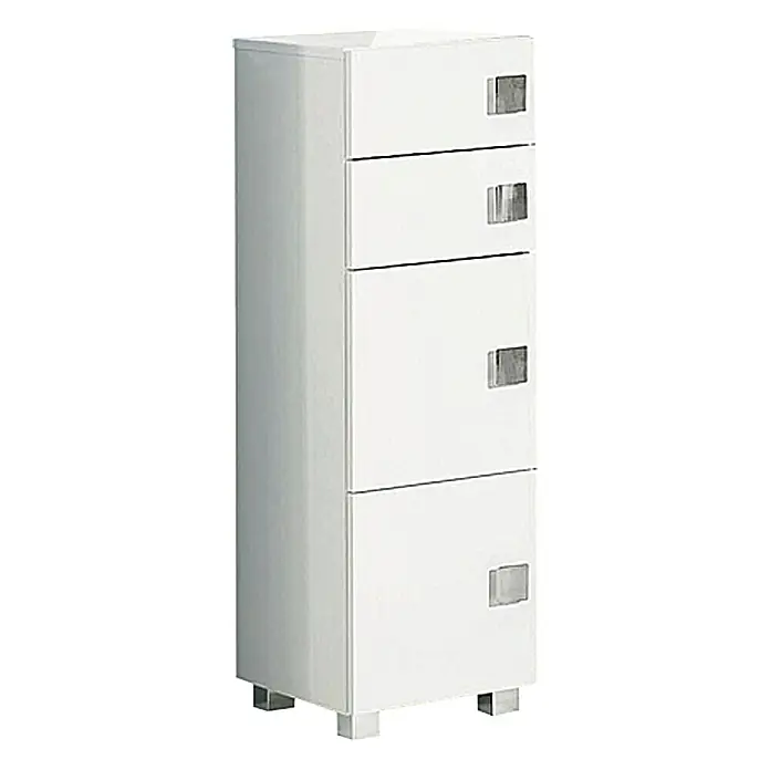 Schildmeyer Carree Unterschrank - 33 x 34,5 x 101 cm, Weiß - Ein schlanker, weißer Badezimmerschrank mit vier Schubladen und quadratischen Chromgriffen, der Stauraum und Stil vereint.