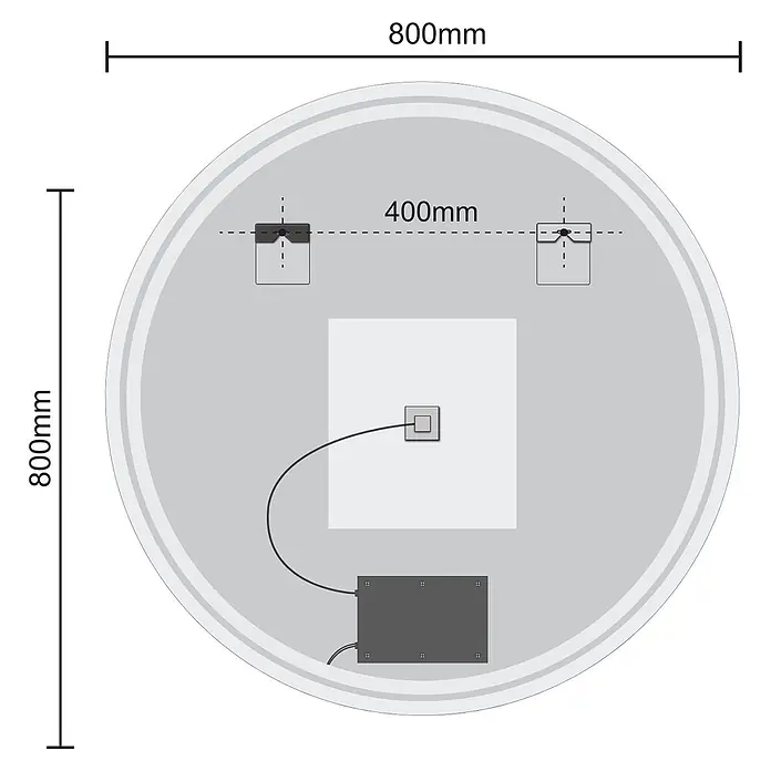 LOMAZOO Lichtspiegel LMZ-BOSTON - Durchmesser: 80 cm, Glänzend weiß - Rückseite eines 800mm runden Spiegels mit zwei 400mm auseinander liegenden Halterungen, zentralem Stromanschluss und Stromkasten.