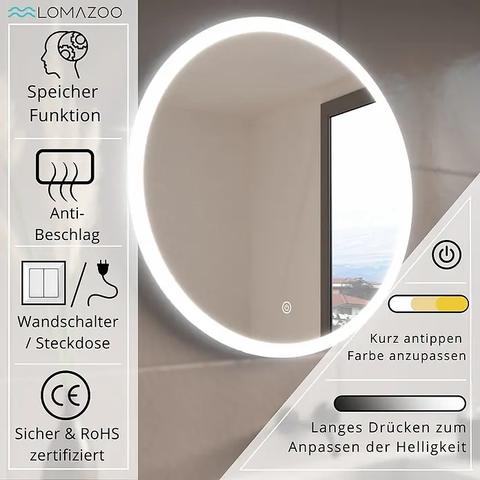 LOMAZOO Lichtspiegel LMZ-VEGAS - Durchmesser: 70 cm, Glänzend weiß - Runder LED-Spiegel mit beleuchtetem Rand, Antibeschlag und Touch-Steuerung für Farbe und Helligkeit.