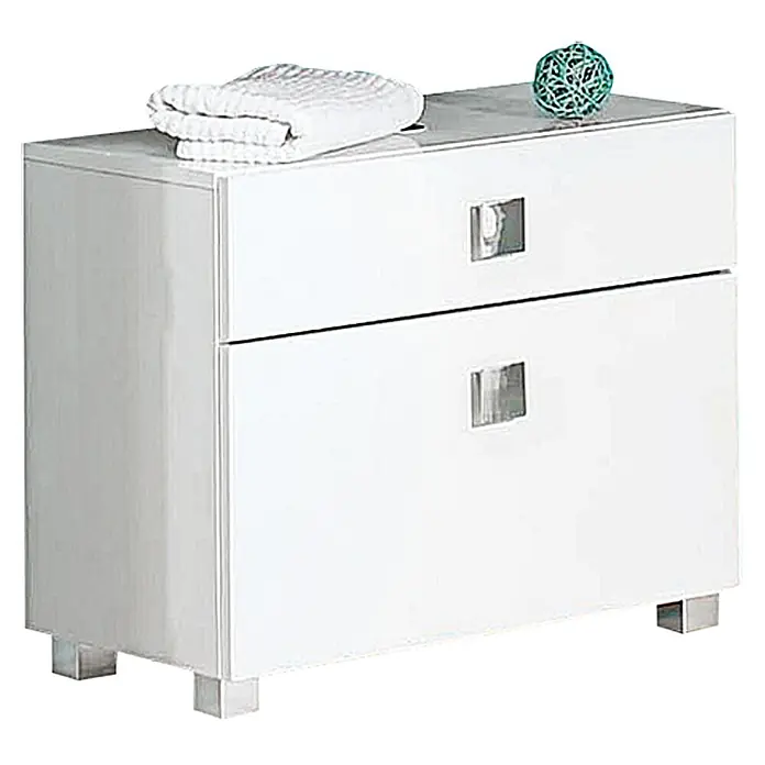 Schildmeyer Carree Waschtischunterschrank - 65 x 34,5 x 53 cm, Weiß - Weißer Badezimmerschrank mit zwei Schubladen, Handtuch und Dekokugel. Das Möbelstück hat silberne Füße und quadratische Griffe.