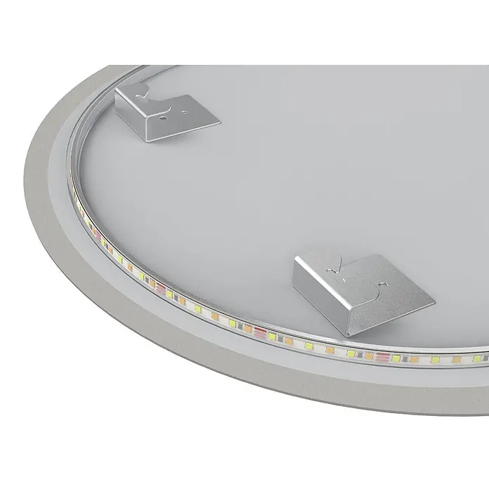LOMAZOO Lichtspiegel LMZ-VEGAS - Durchmesser: 70 cm, Glänzend weiß - Gekrümmter LED-Streifen mit mehreren LEDs und Kleberücken, in einem runden Rahmen montiert und mit zwei silbernen Halterungen befestigt.