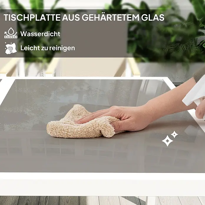 Outsunny Gartentisch-Set - Gesamtumfang: 5 -tlg., Stahl, Kunststoff, Polyester, Gehärtetes Glas - Graue Tischplatte aus gehärtetem Glas wird gereinigt, betont wasserdichte und pflegeleichte Eigenschaften.