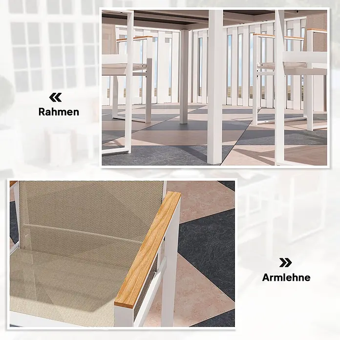 Outsunny Gartentisch-Set - Gesamtumfang: 5 -tlg., Stahl, Kunststoff, Polyester, Gehärtetes Glas - Weißer Metallrahmen eines Outdoor-Sessels mit beigem Geflecht und hölzerner Armlehne.