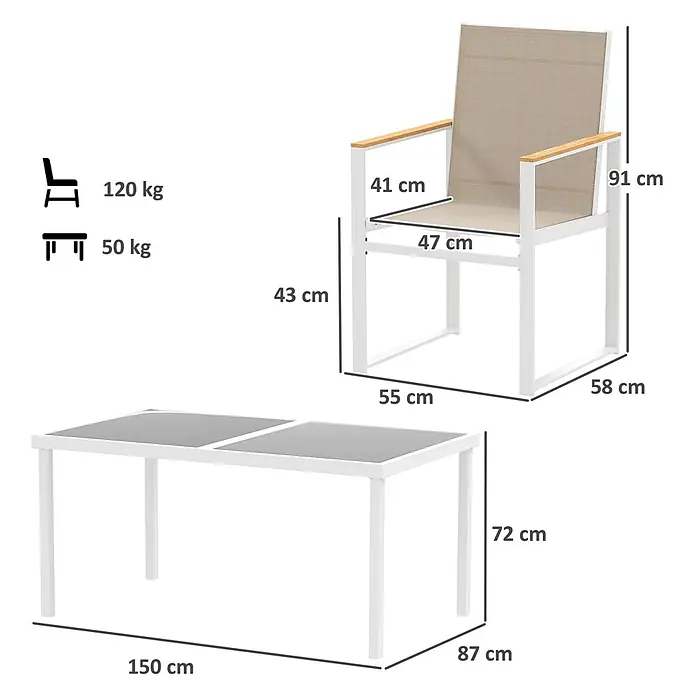 Outsunny Gartentisch-Set - Gesamtumfang: 5 -tlg., Stahl, Kunststoff, Polyester, Gehärtetes Glas - Weißer Gartenstuhl mit beigem Netzstoff und Holzarmlehnen, daneben ein weiß/grauer Gartentisch, zeigt Maße und Gewichtsgrenzen.