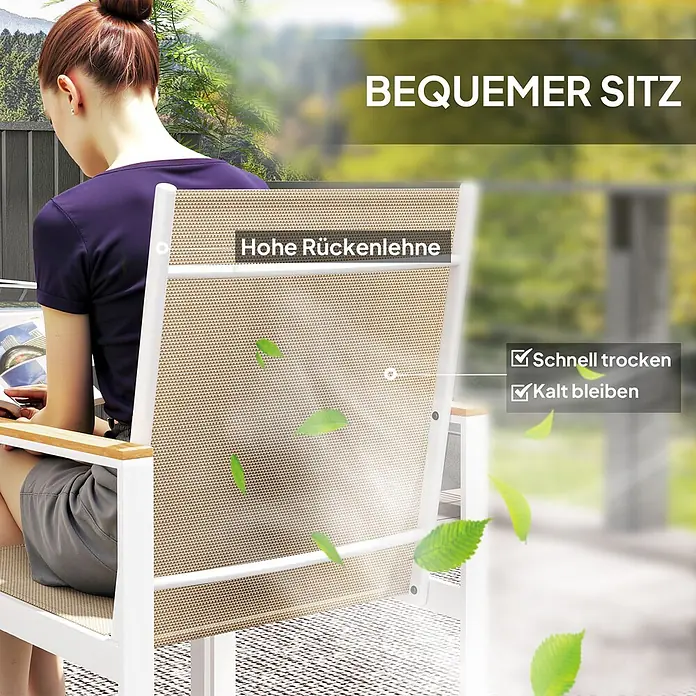 Outsunny Gartentisch-Set - Gesamtumfang: 5 -tlg., Stahl, Kunststoff, Polyester, Gehärtetes Glas - Person sitzt auf einem Outdoor-Stuhl mit beigem Netzstoff, weißem Rahmen und Holzarmlehnen. Hohe Rückenlehne, schnell trocknend, kühl bleibend.
