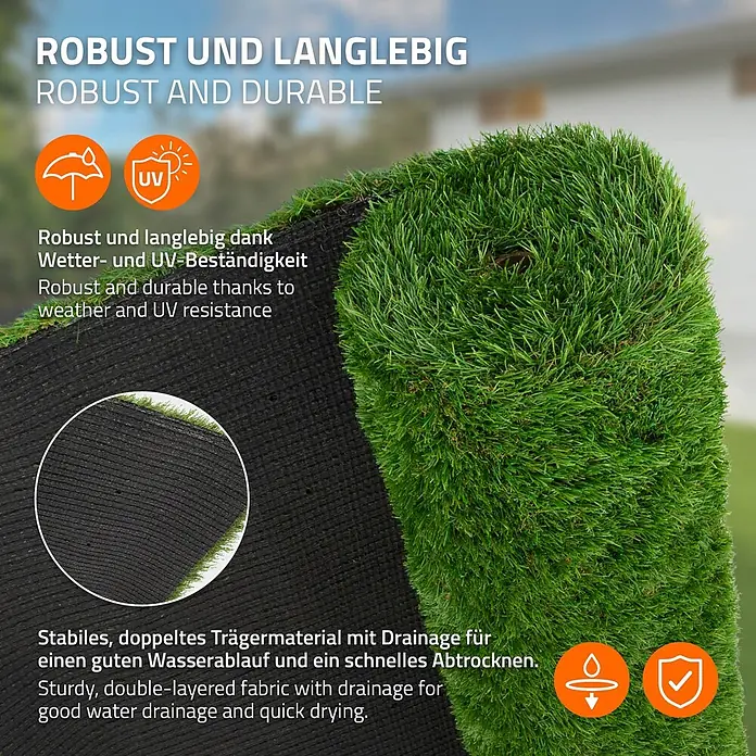 ECD Germany Kunstrasen Kunstrasen-Rolle Kunstgras Florhöhe 35mm wetterfest 100x500cm 5m² - 4 Grüntöne - Nahaufnahme von Kunstrasen mit grünen Halmen und stabiler schwarzer Doppelschicht-Rückseite mit Drainagelöchern für Langlebigkeit und schnelle Trocknung.