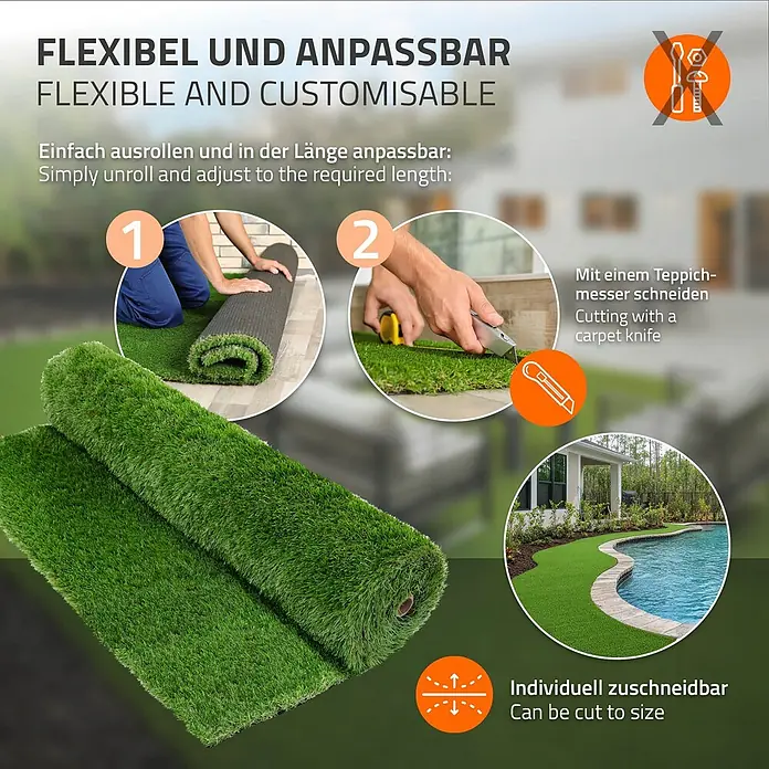 ECD Germany Kunstrasen Kunstrasen-Rolle Kunstgras Florhöhe 35mm wetterfest 100x500cm 5m² - 4 Grüntöne - Grüner Kunstrasen wird ausgerollt und zugeschnitten, demonstriert flexible und anpassbare Anwendung im Landschaftsbau.