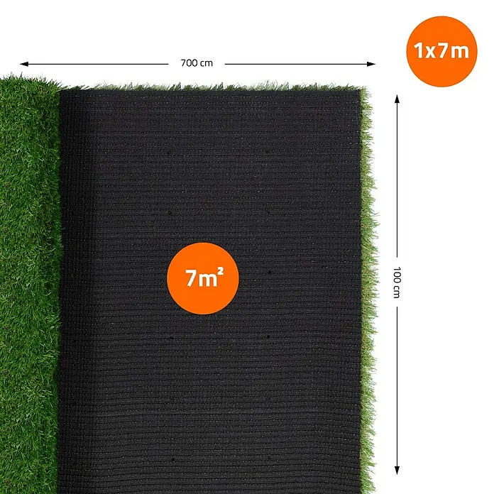 ECD Germany Kunstrasen Kunstrasen-Rolle Kunstgras Florhöhe 35mm wetterfest 100x700cm 7m² - 4 Grüntöne - Kunstrasenrolle, 1x7m (7m²), mit grünem Flor und schwarzer Rückseite, teilweise abgerollt.