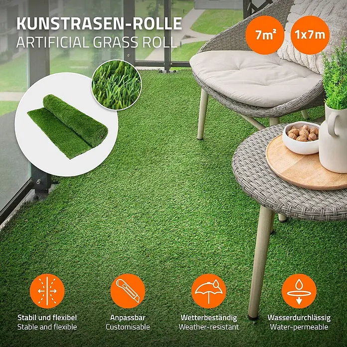 ECD Germany Kunstrasen Kunstrasen-Rolle Kunstgras Florhöhe 35mm wetterfest 100x700cm 7m² - 4 Grüntöne - Künstliche Grasrolle auf einem Balkon, grün, wetterfest und wasserdurchlässig, 7m² (1x7m).