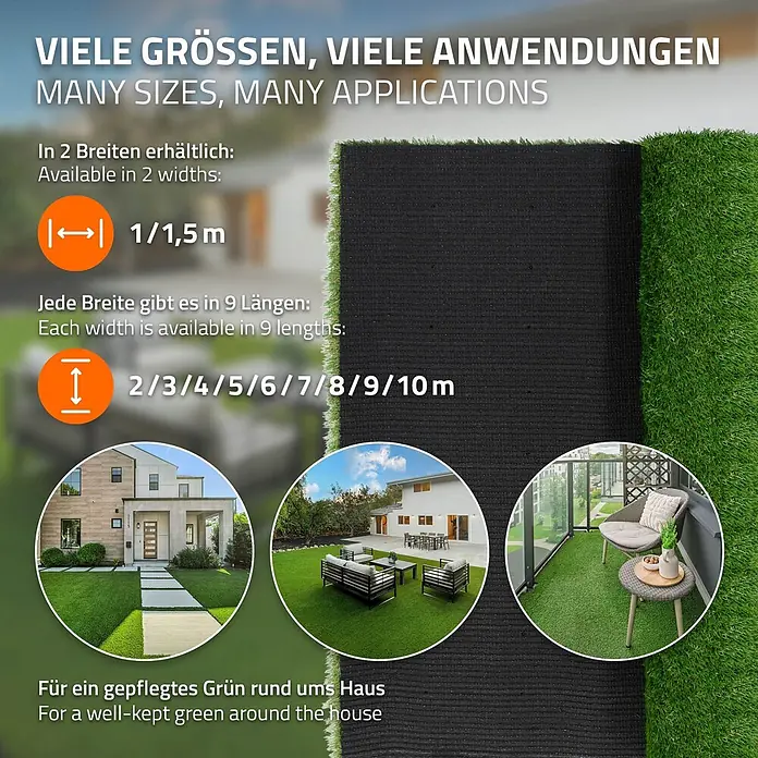 ECD Germany Kunstrasen Kunstrasen-Rolle Kunstgras Florhöhe 35mm wetterfest 100x500cm 5m² - 4 Grüntöne - Kunstrasenrolle mit grüner Rasenfläche und schwarzer Unterseite. Text zeigt viele Größen und Anwendungen für Haus und Garten.