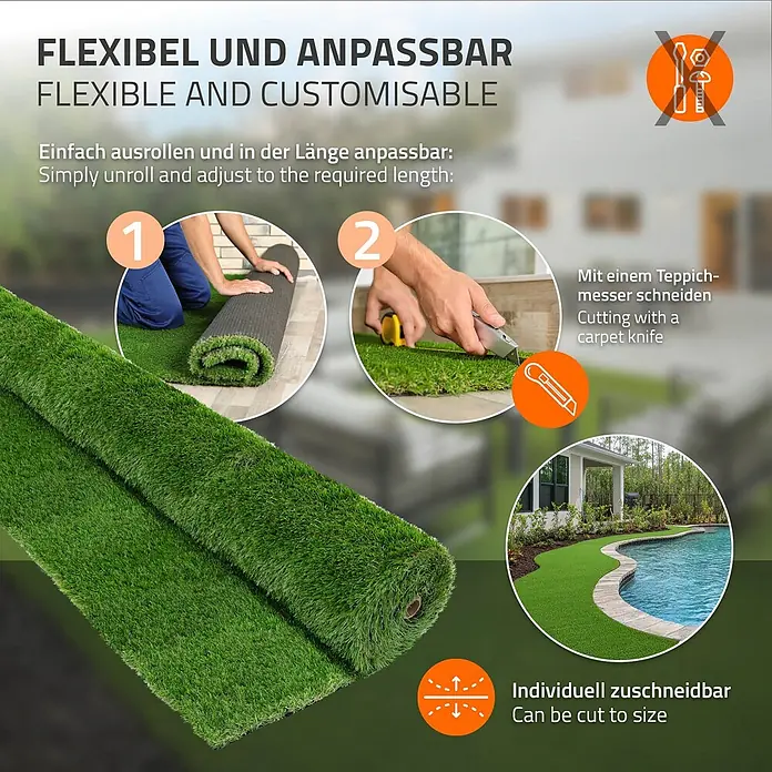 ECD Germany Kunstrasen Kunstrasen-Rolle Kunstgras Florhöhe 35mm wetterfest 150x300cm 4,5m² - 4 Grüntöne - Rolle Kunstrasen, der ausgerollt und zugeschnitten wird, mit einem Installationsbeispiel. Flexibel und anpassbar in Länge und Form.