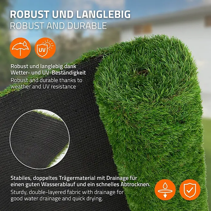 ECD Germany Kunstrasen Kunstrasen-Rolle Kunstgras Florhöhe 35mm wetterfest 150x300cm 4,5m² - 4 Grüntöne - Nahaufnahme von grünem Kunstrasen mit robuster schwarzer Rückseite. Hebt Wetter-/UV-Beständigkeit, Drainage und schnelles Trocknen hervor.