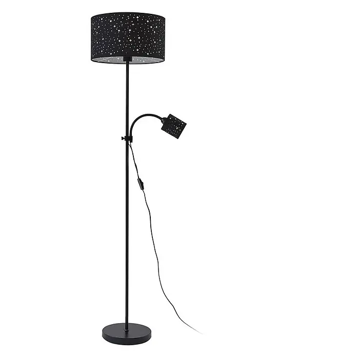 Lindby Stehleuchte Melanie - Höhe: 160 cm, schwarz, schwarz, E27 - Schwarze Stehlampe mit sternenverziertem Trommelschirm und verstellbarer Leselampe.