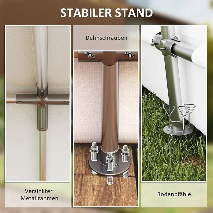 Outsunny Gerätehaus - Außenbreite inkl. Dachüberstand: 300 cm, Außentiefe inkl. Dachüberstand: 447 cm, Metall, Hellgrau - Drei Nahaufnahmen des stabilen Zelt-/Pavillonrahmens: verzinkte Metallverbinder, Dehnschrauben und Bodenpfähle.