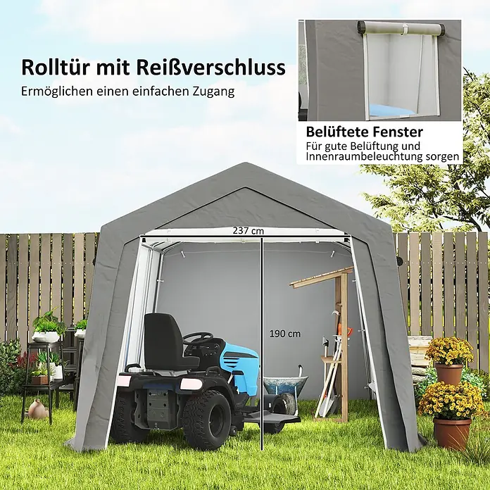 Outsunny Gerätehaus - Außenbreite inkl. Dachüberstand: 300 cm, Außentiefe inkl. Dachüberstand: 447 cm, Metall, Hellgrau - Grauer Gartenschuppen mit Rolltür und Reißverschluss sowie belüfteten Fenstern, in dem ein Rasenmäher steht.