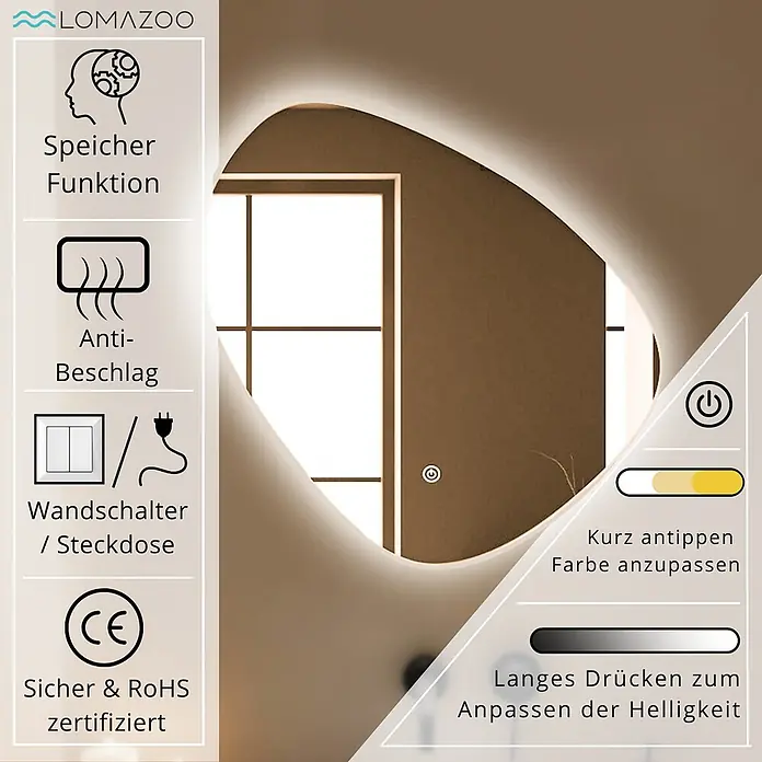 LOMAZOO Lichtspiegel LMZ-ZURICH - Durchmesser: 80 cm, Glänzend weiß - Irregulär geformter LED-Spiegel mit Touch-Steuerung für Farbe/Helligkeit, Anti-Beschlag und Speicherfunktion.