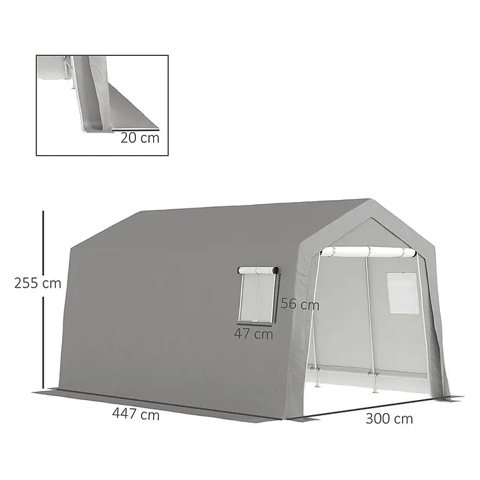 Outsunny Gerätehaus - Außenbreite inkl. Dachüberstand: 300 cm, Außentiefe inkl. Dachüberstand: 447 cm, Metall, Hellgrau - Graues Lagerzelt mit Abmessungen 447x300x255 cm und Seitenfenster. Inklusive 20 cm Bodenschürze.