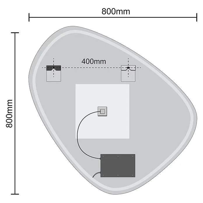 LOMAZOO Lichtspiegel LMZ-ZURICH - Durchmesser: 80 cm, Glänzend weiß - Rückansicht eines 800x800mm grauen Spiegels, mit 400mm Befestigungspunkten, Verkabelung und elektrischen Komponenten.