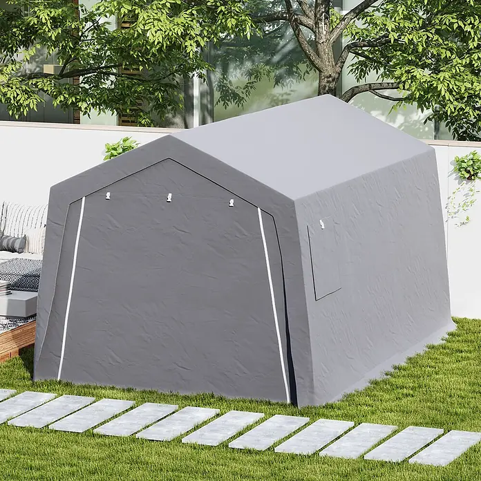 Outsunny Gerätehaus - Außenbreite inkl. Dachüberstand: 300 cm, Außentiefe inkl. Dachüberstand: 447 cm, Metall, Hellgrau - Graues Outdoor-Lagerzelt aus Stoff mit Bogendach, in einem Garten platziert.