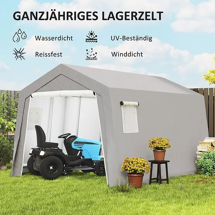 Outsunny Gerätehaus - Außenbreite inkl. Dachüberstand: 300 cm, Außentiefe inkl. Dachüberstand: 447 cm, Metall, Hellgrau - Graues wetterfestes Lagerzelt für den Außenbereich, mit Rasenmäher darin.