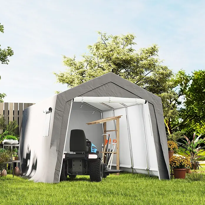 Outsunny Gerätehaus - Außenbreite inkl. Dachüberstand: 300 cm, Außentiefe inkl. Dachüberstand: 447 cm, Metall, Hellgrau - Graues Stoffzelt im Garten, zur Aufbewahrung eines Aufsitzrasenmähers und Gartengeräten.
