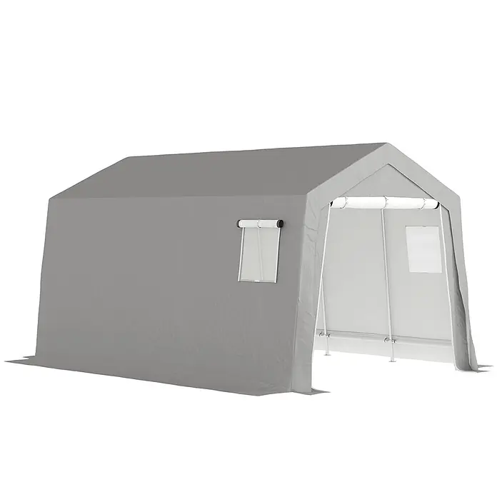 Outsunny Gerätehaus - Außenbreite inkl. Dachüberstand: 300 cm, Außentiefe inkl. Dachüberstand: 447 cm, Metall, Hellgrau - Graues Stofflagerzelt mit Rollfenster und offenem Fronteingang.