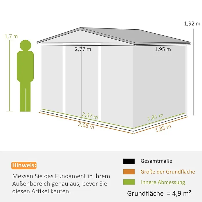 Outsunny Gerätehaus - Außenbreite inkl. Dachüberstand: 277 cm, Außentiefe inkl. Dachüberstand: 195 cm, Stahl, Dunkelgrau - Schematische Darstellung eines Gartenhauses mit Maßen, Grundfläche 4,9 m² und einer menschlichen Figur zum Größenvergleich.