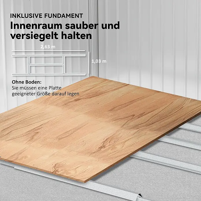 Outsunny Gerätehaus - Außenbreite inkl. Dachüberstand: 277 cm, Außentiefe inkl. Dachüberstand: 195 cm, Stahl, Grau - Inklusive Metallfundamentrahmen, 2,63m x 1,03m, mit teilweise aufgelegter Holzfußbodenplatte. Bodenplatte separat erhältlich.