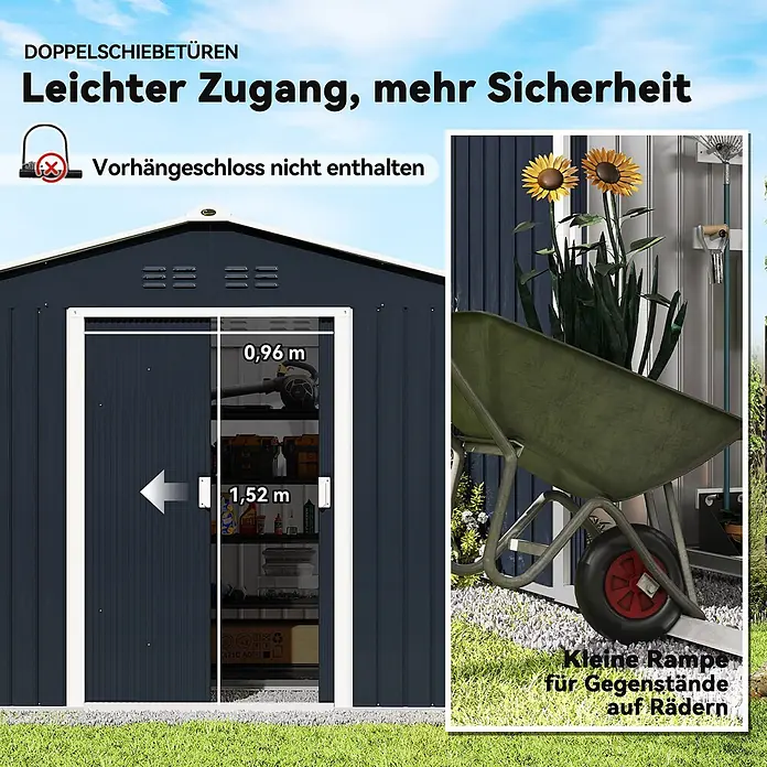 Outsunny Gerätehaus - Außenbreite inkl. Dachüberstand: 277 cm, Außentiefe inkl. Dachüberstand: 195 cm, Stahl, Dunkelgrau - Dunkelgraues Metallgerätehaus mit Doppelschiebetüren (0,96x1,52m Öffnung) und kleiner Rampe für einfachen Zugang, im Freien gezeigt.