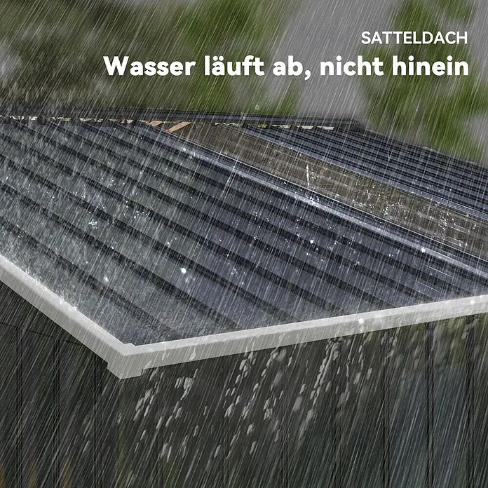 Outsunny Gerätehaus - Außenbreite inkl. Dachüberstand: 277 cm, Außentiefe inkl. Dachüberstand: 195 cm, Stahl, Dunkelgrau - Satteldach eines dunkelgrauen Schuppens im Regen, Wasser läuft effektiv ab.