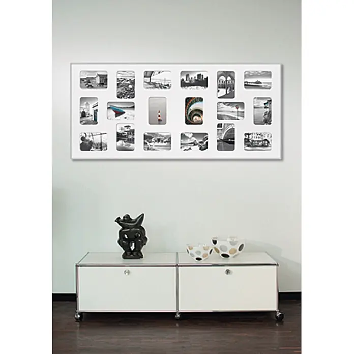 Collagerahmen Pixel - Anzahl Fotoplatzhalter: 18 Stk., Silber, Glas - Ein modernes Wandbild mit einer weißen Rahmen und verschiedenen Foto-Motiven. Ein schicker Hingucker für jedes Zuhause.