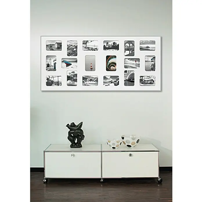 Collagerahmen Pixel - Anzahl Fotoplatzhalter: 18 Stk., Silber, Glas - Ein modernes Wandbild mit einer weißen Rahmen und verschiedenen Foto-Motiven. Ein schicker Hingucker für jedes Zuhause.