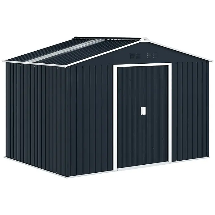 Outsunny Gerätehaus - Außenbreite inkl. Dachüberstand: 277 cm, Außentiefe inkl. Dachüberstand: 195 cm, Stahl, Dunkelgrau - Dunkelblauer Metall-Gartenschuppen mit Satteldach und weißem Besatz, für den Außenbereich.