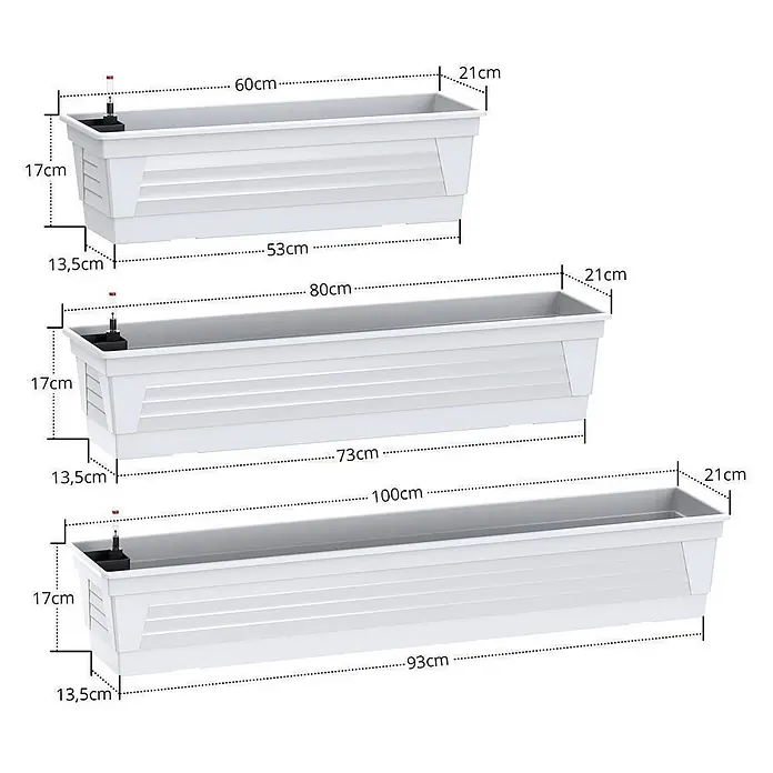 Plastard Pflanzkasten Milano 3er Set mit Hydroeinsatz & Wasserstandsanzeiger Weiß - Außenmaß (L x B x H): 60 x 21 x 17 cm, Kunststoff, Weiß - Drei weiße rechteckige Blumenkästen mit detaillierten Maßen für Länge, Breite, Höhe und einer Wasserstandsanzeige.