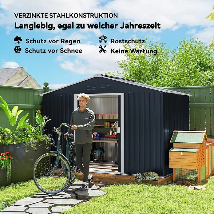 Outsunny Gerätehaus - Außenbreite inkl. Dachüberstand: 277 cm, Außentiefe inkl. Dachüberstand: 195 cm, Stahl, Dunkelgrau - Dunkelgrauer verzinkter Stahl-Gartenschuppen in einem Garten, daneben eine Person und ein Fahrrad.