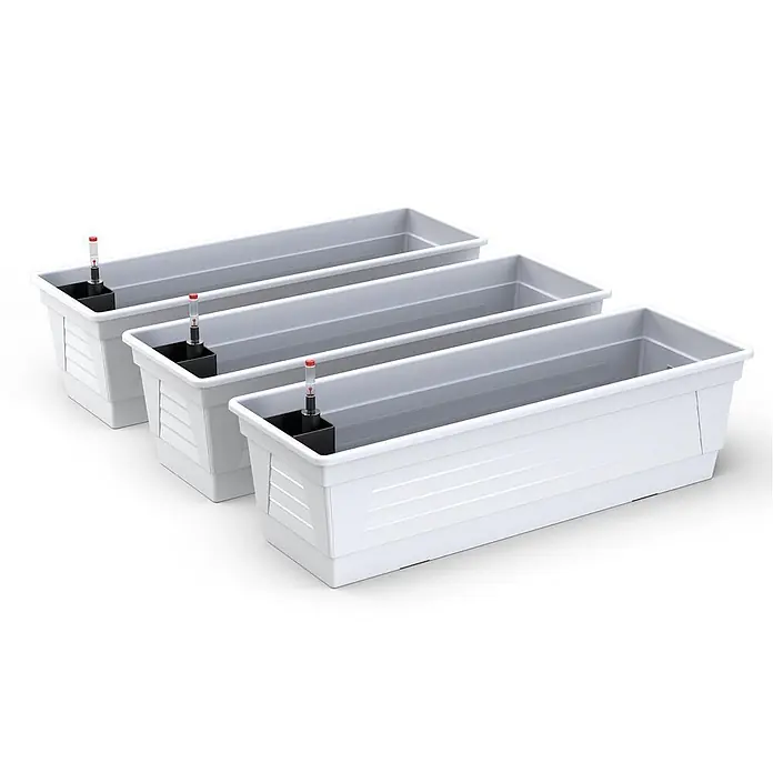 Plastard Pflanzkasten Milano 3er Set mit Hydroeinsatz & Wasserstandsanzeiger Weiß - Außenmaß (L x B x H): 60 x 21 x 17 cm, Kunststoff, Weiß - Drei weiße, rechteckige Kunststoff-Selbstbewässerungs-Pflanzgefäße mit Wasserstandsanzeigen.